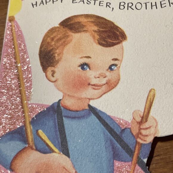 Vtg Rust Craft Easter Greeting Card Brother Mica Glitter Die Cut 1950s - Picture 4 of 10